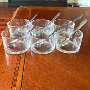 6 Clear Glass Bowls with Polished Silver Spoons